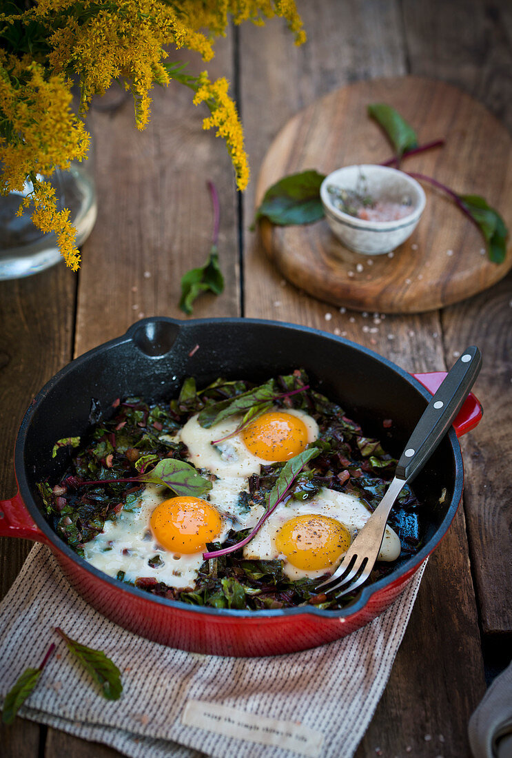 Beet leaves with eggs