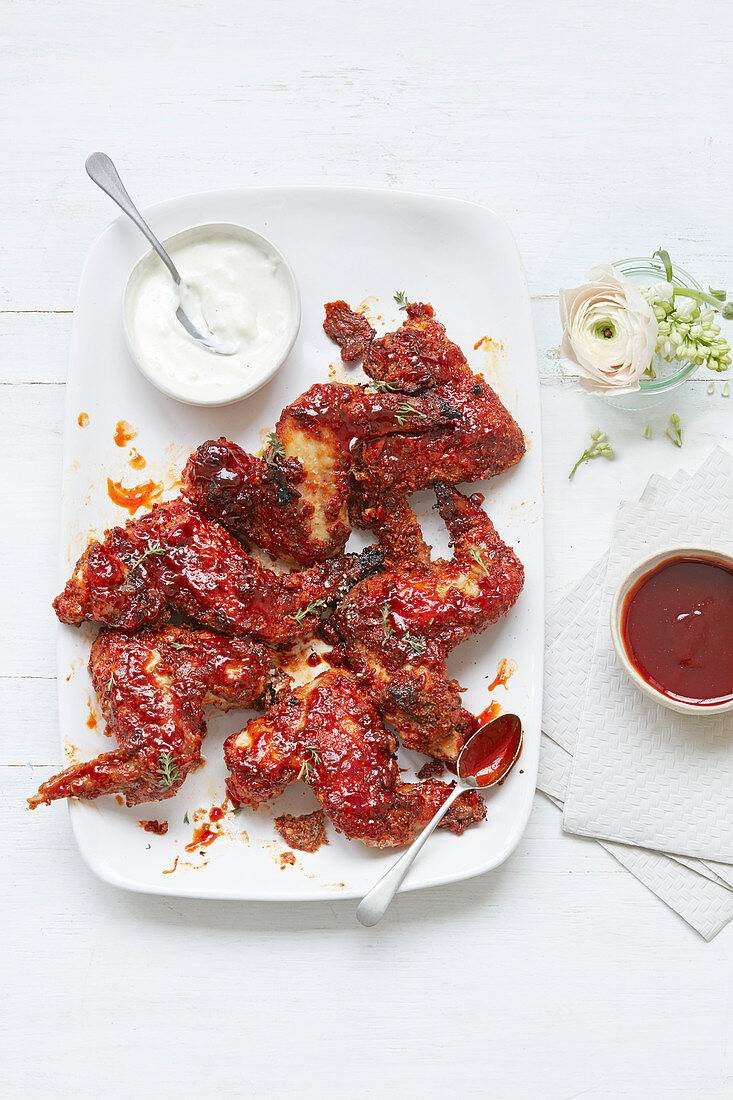 Hot chicken wings with hones, soy and sriracha sauce