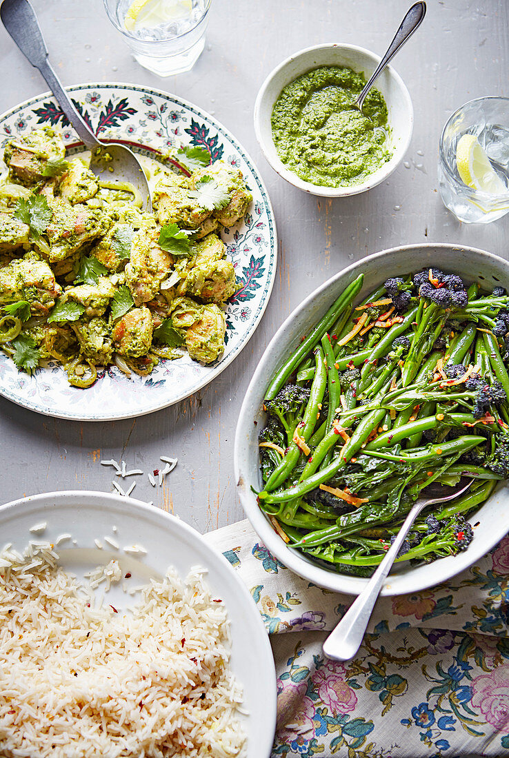 Coriander chicken with rice and spiced green vegetables