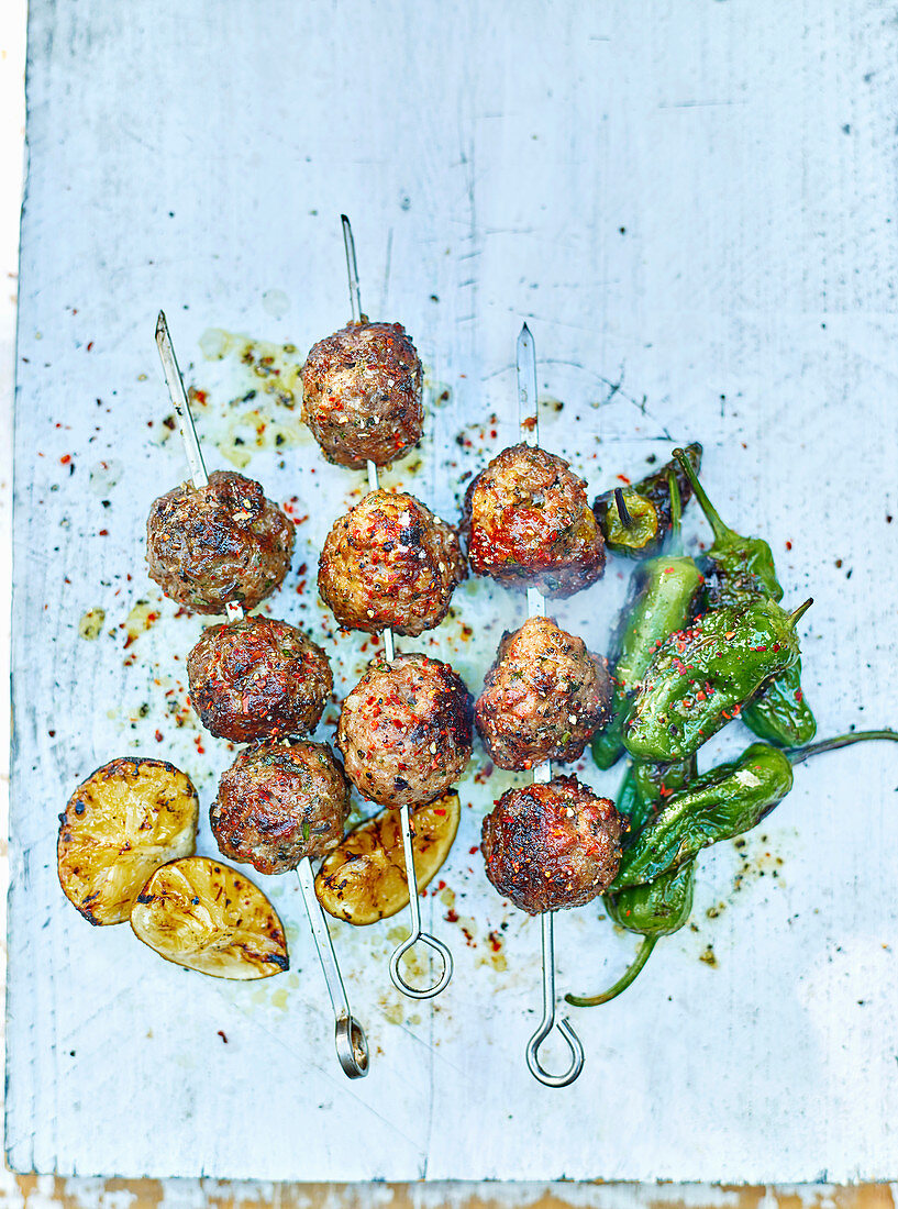 Meatball kebabs with padron peppers