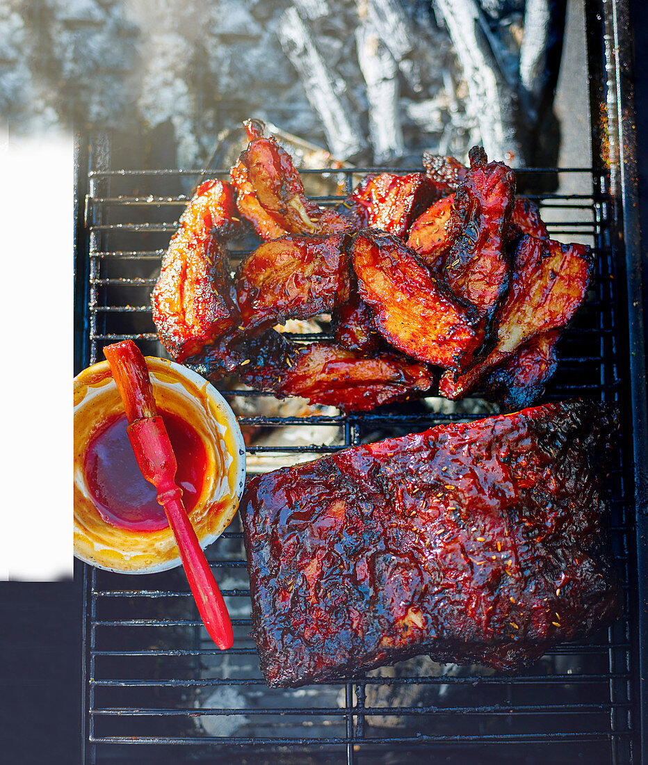 Grilled pork belly slathered in BBQ sauce