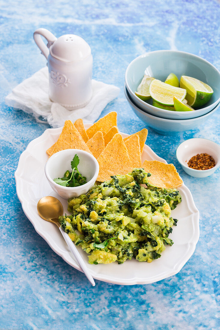 Kale guacamole with tortilla chips