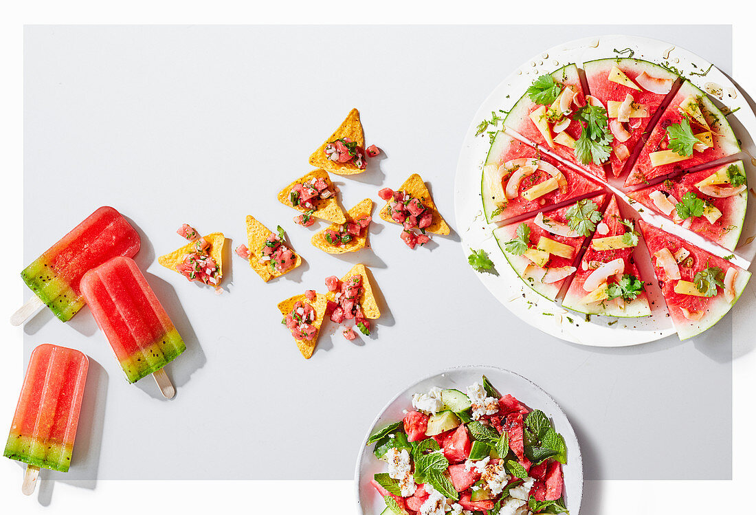 Watermelon as lollies, salsa, pizza and salad with feta