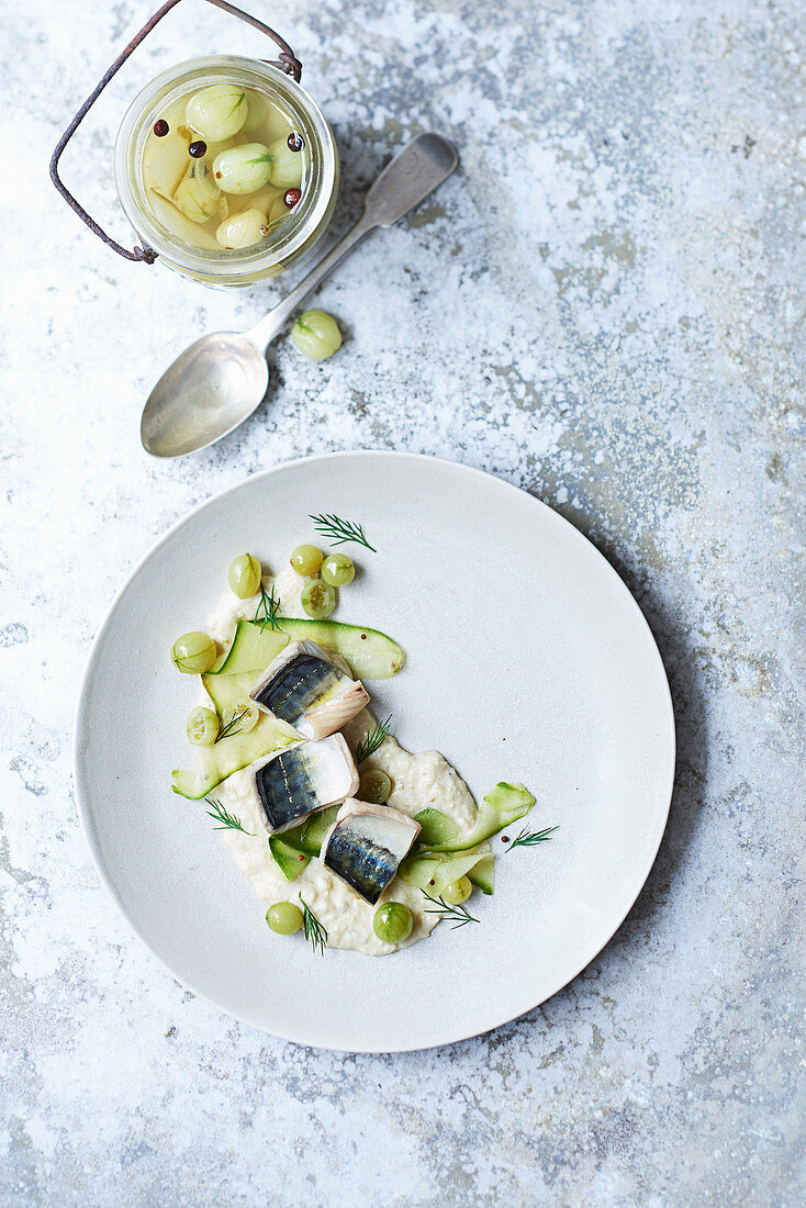 Grilled mackerel with pickled gooseberry ketchup