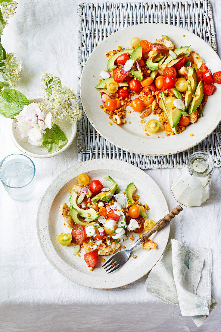Tomato, avocado and corn salad with migas and buttermilk dressing