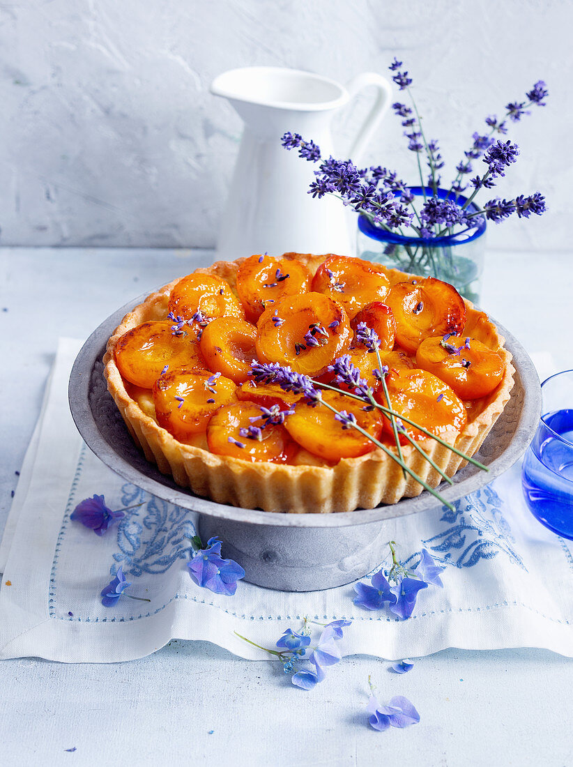 Tart with caramelized apricots and lavender flowers