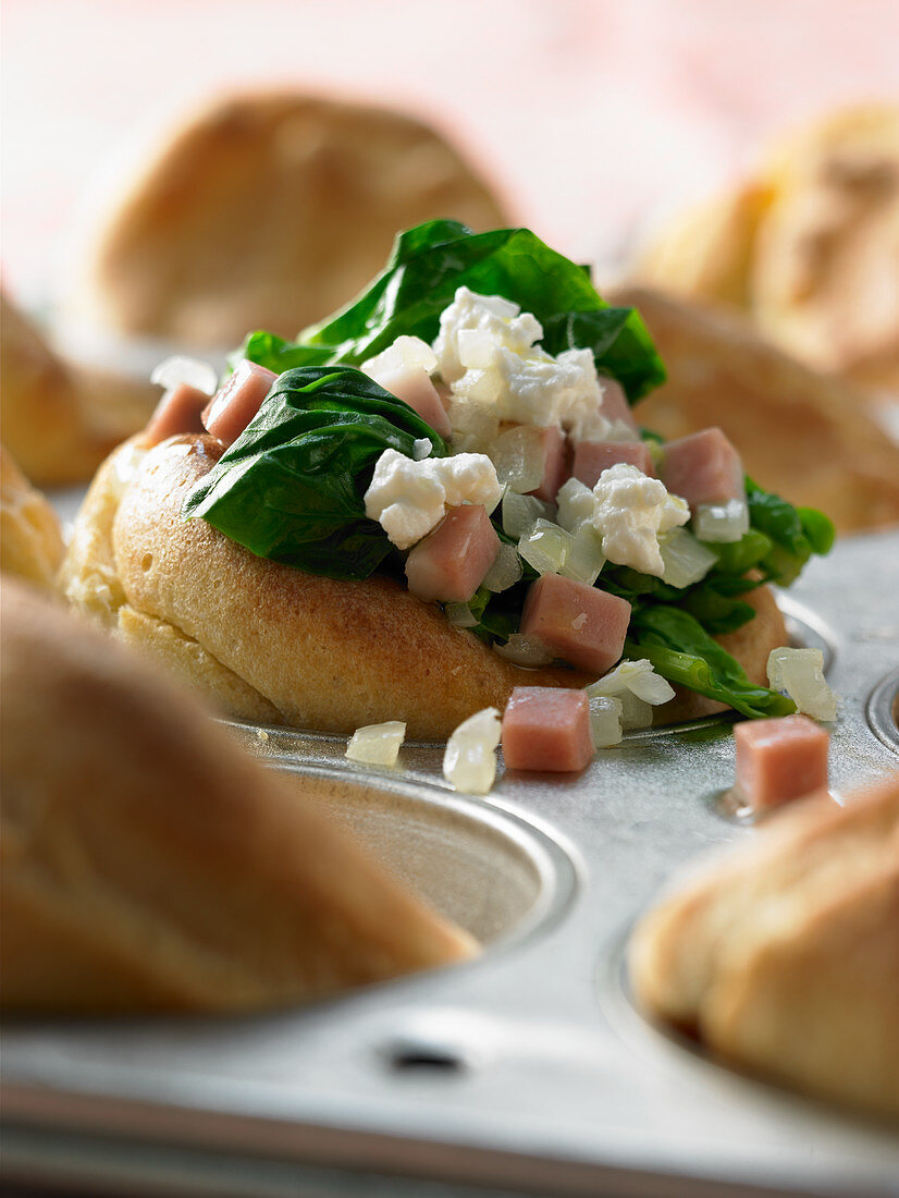Yorkshire puddings filled with spinach, mortadella and ricotta