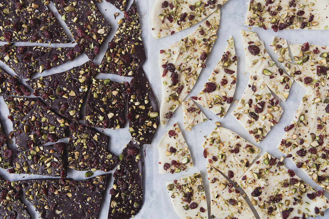 Dark and white chocolate bark with cranberries and pistachios