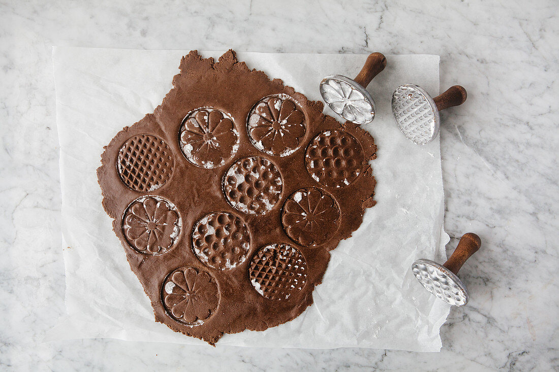 Chocolate dough with cookie stamps