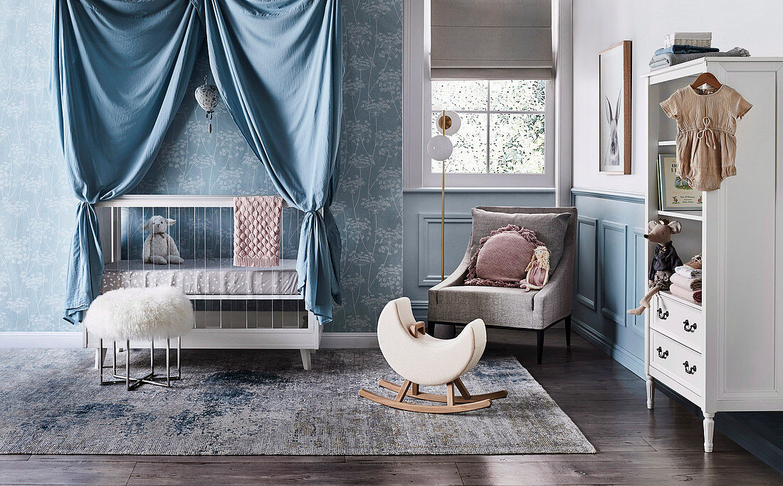 Baby room with cot, armchair and shelf