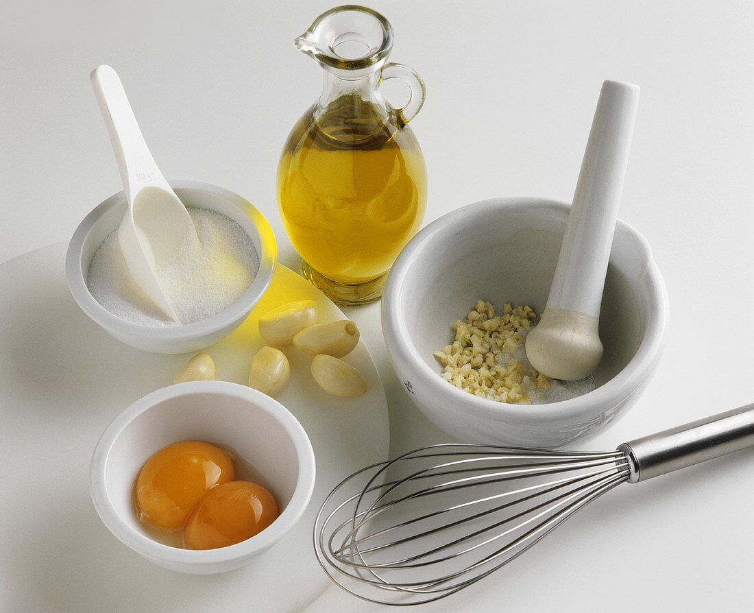 Ingredients for garlic mayonnaise (aioli)