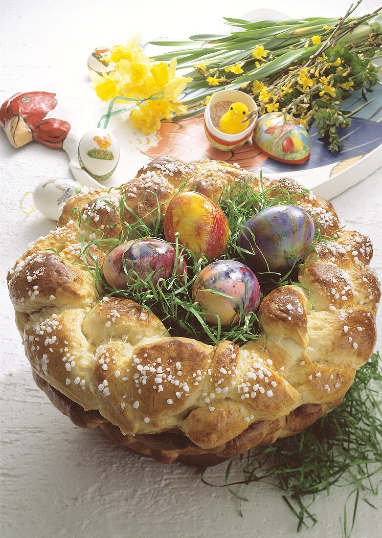 Bread wreath Easter nest filled with Easter grass & Easter eggs