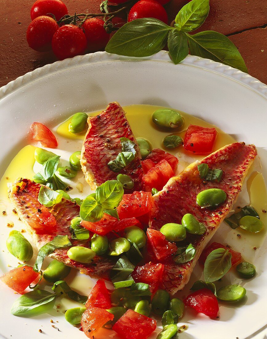 Red mullet fillets with young broad beans & tomatoes (Italy)