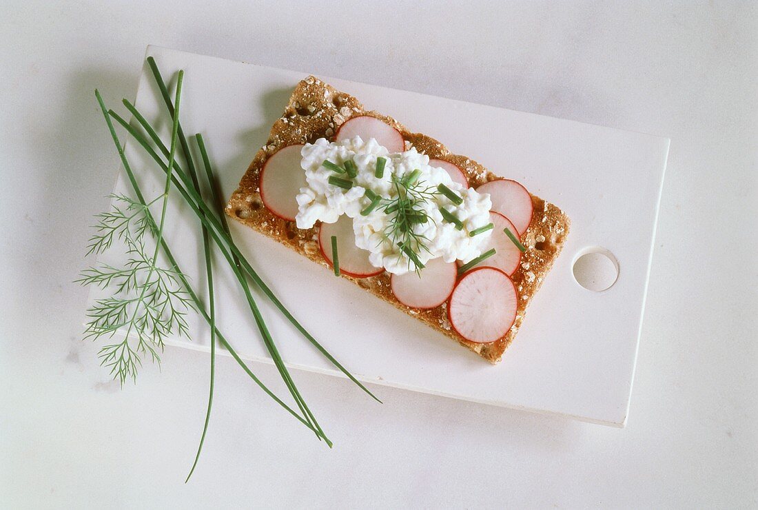 Knäckebrot mit Radieschen, Hüttenkäse, Schnittlauch & Dill