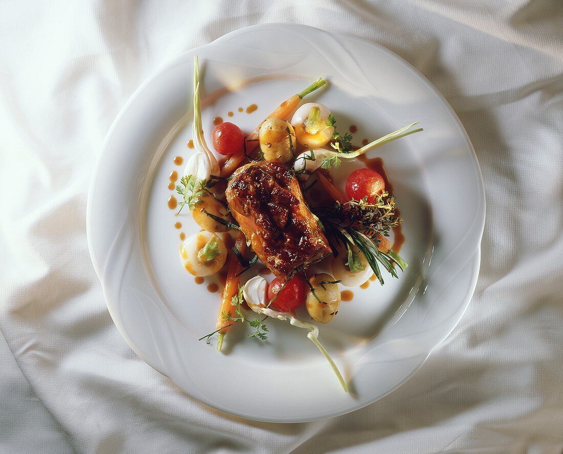 Braised lamb haunch with mixed vegetables