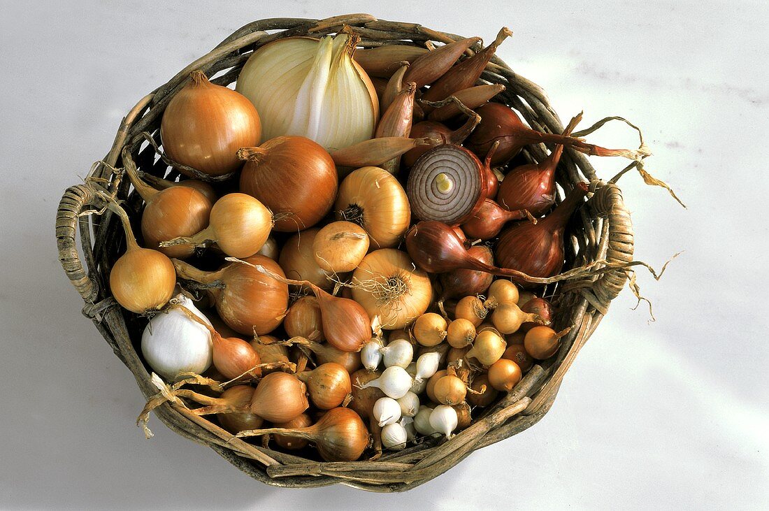 Verschiedene Zwiebelsorten in einem Korb