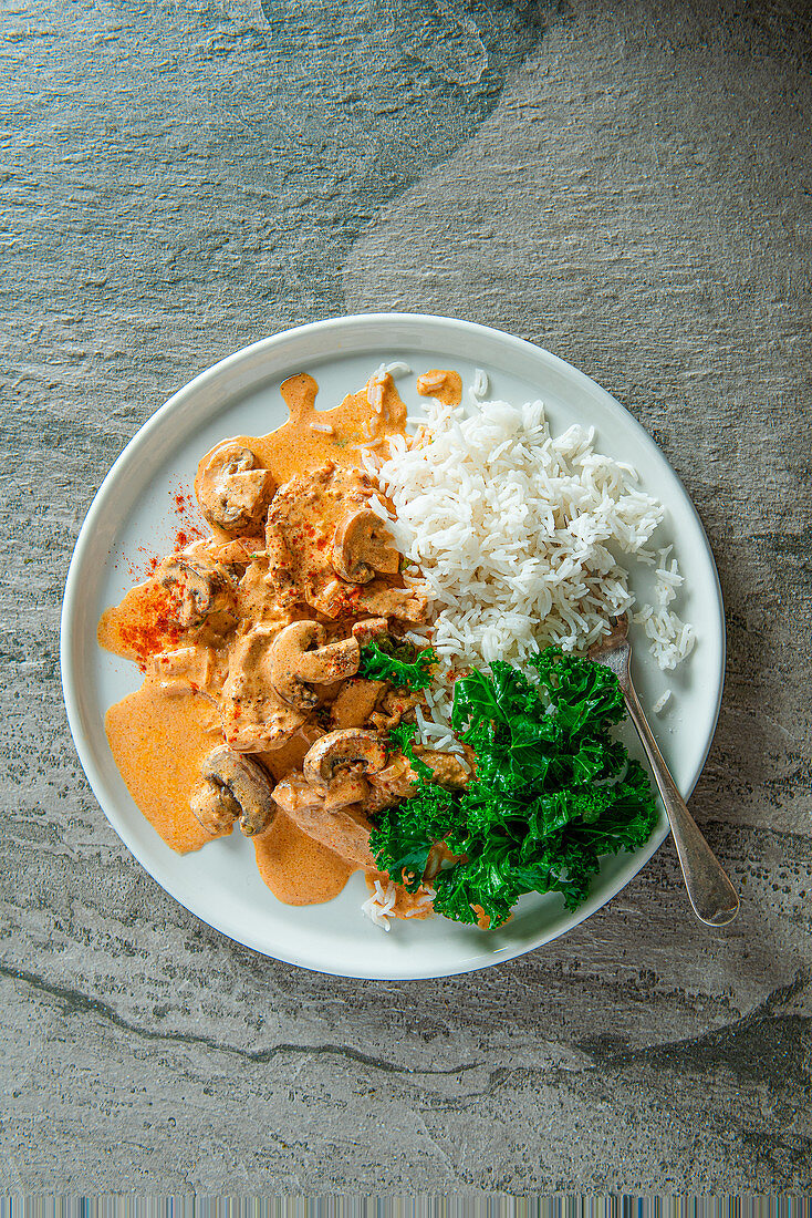 pork stroganoff with mushroom, paprika and sour cream, rice and kale on a side, view from above.