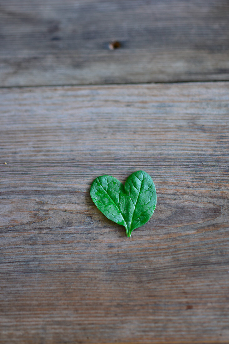 A spinach-leaf heart on a wooden surface