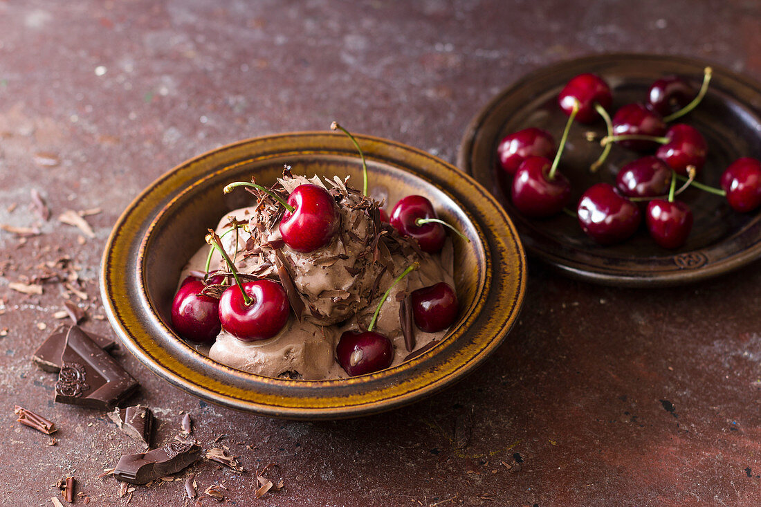 Chocolate ice cream, cherries and chocolate