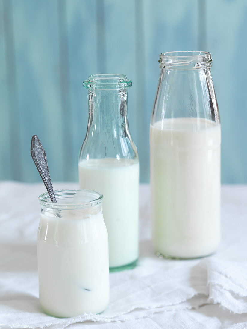 Milch und Joghurt in Glas und Flaschen
