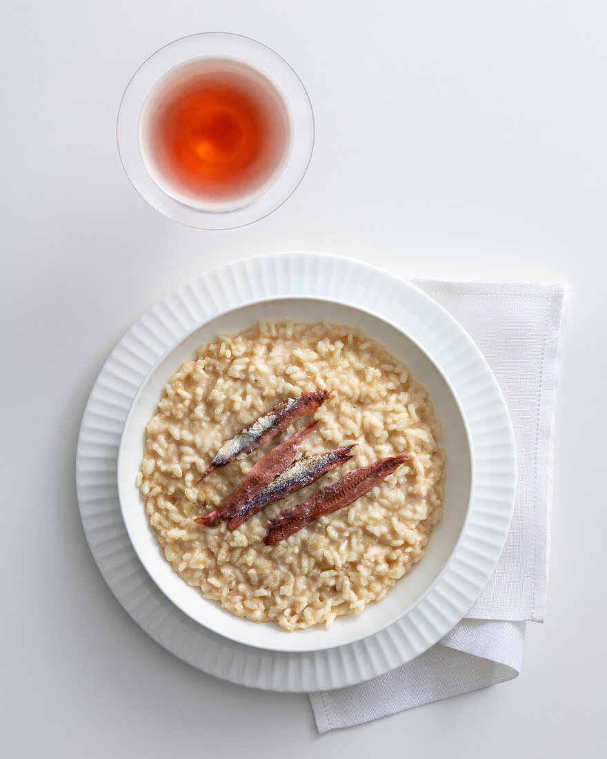 Creamy risotto with beef marrow and a Red Dawn cocktail