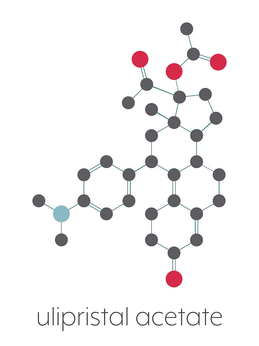 Ulipristal acetate contraceptive drug molecule, illustration
