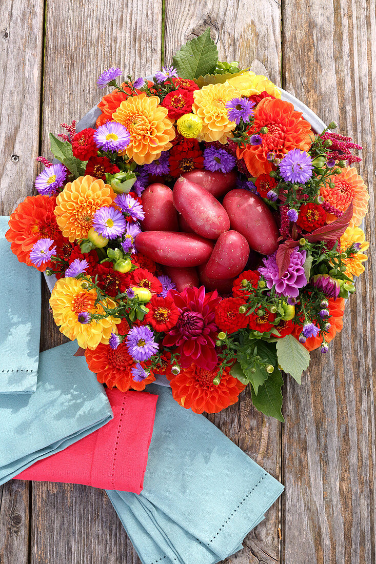 Potatoes in wreath of dahlias, zinnias, asters and amaranth