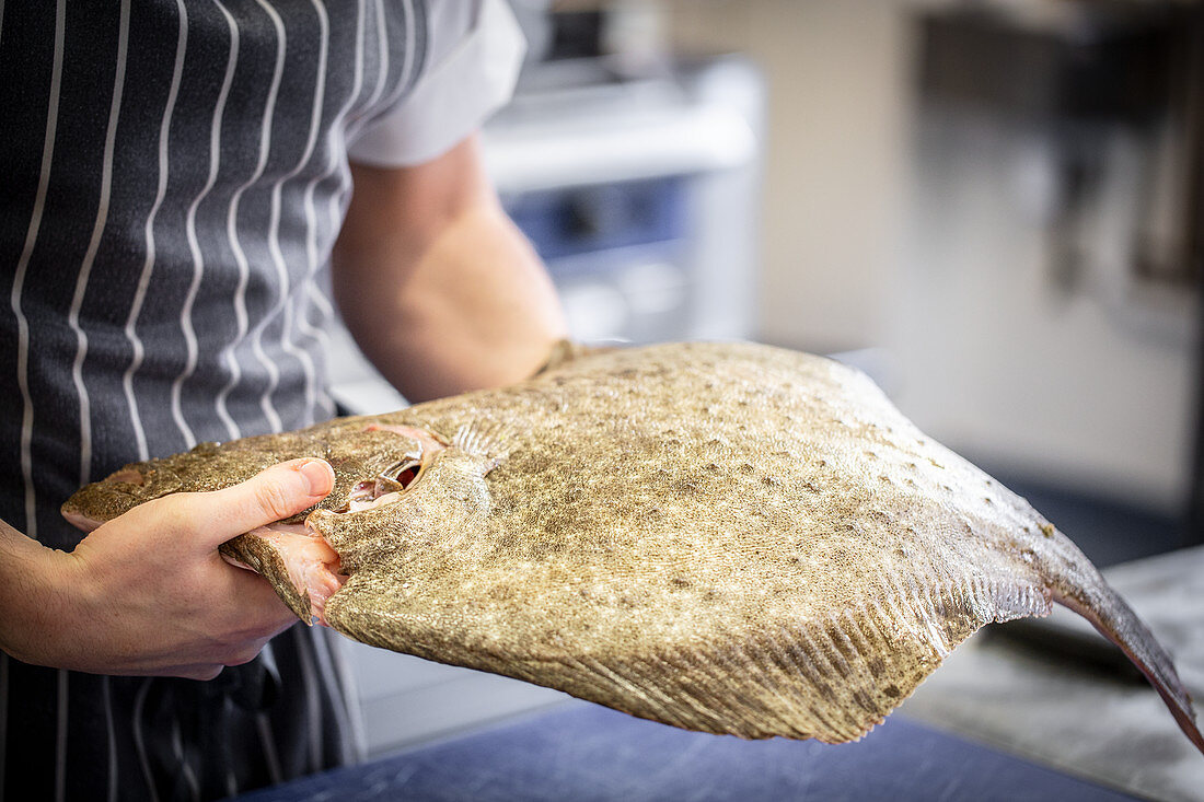 A chef presenting a turbot