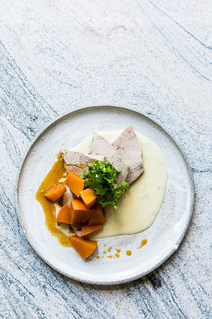Sweet and sour pickled pumpkin with prime boiled veal