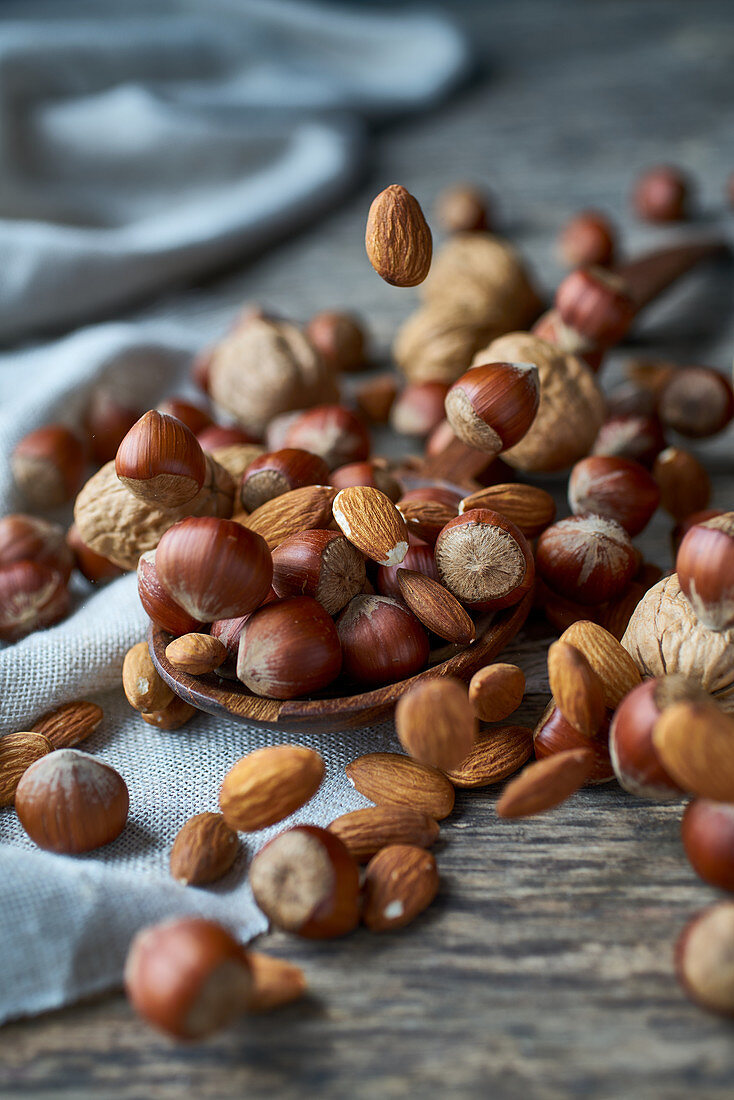 Hazelnuts, almonds and walnuts on a wooden spoon and a table