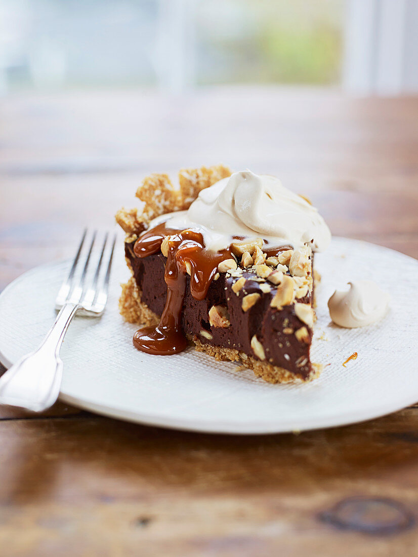 Chocolate pie with toffee sauce and coffee cream