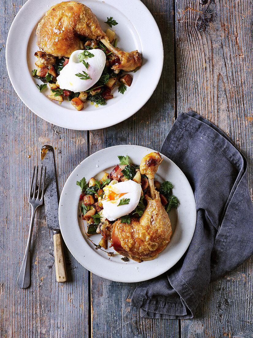Confit chicken legs with potato hash and poached egg