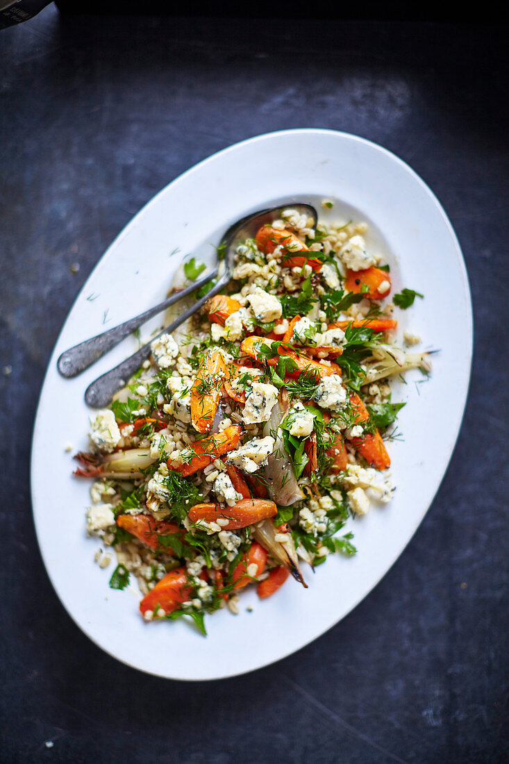 Warm pearl barley and roasted carrot salad with dill vinaigrette
