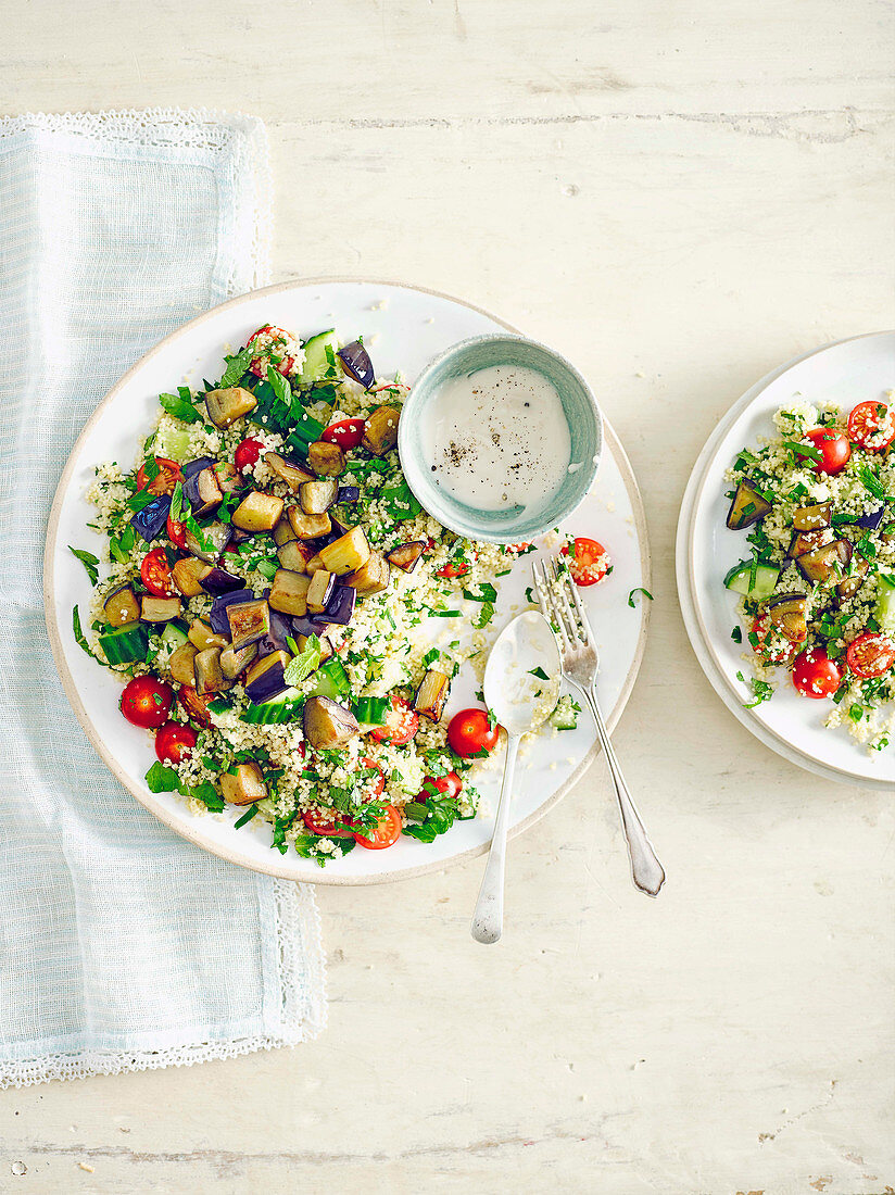 Grilled aubergine tabbouleh with vegan coconut 'yoghurt' dip