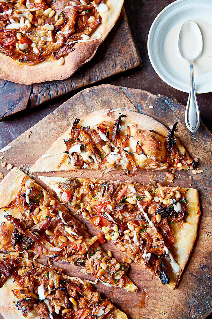 Lamb shoulder and smoky aubergine flatbread