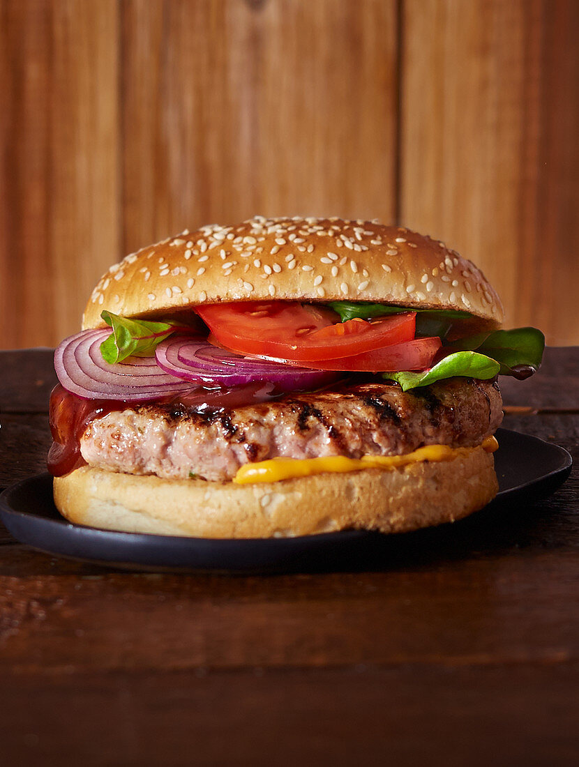 Burger with tomato and red onions