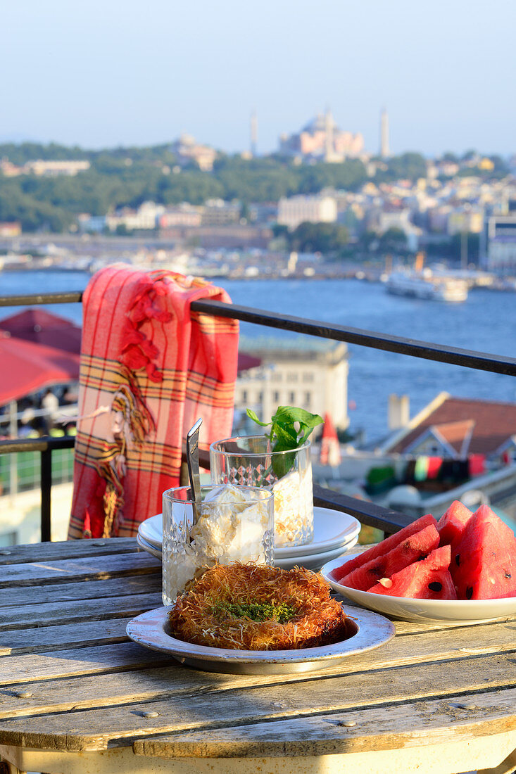 Turkish künefe with watermelon and mocha ice cream