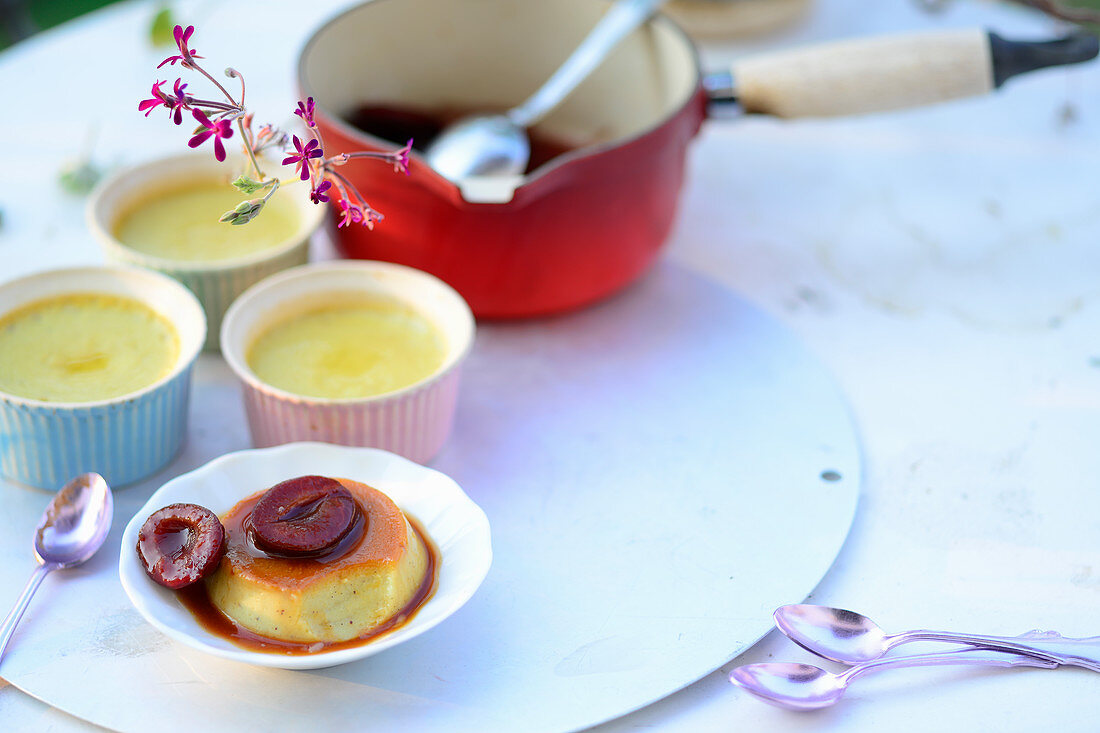 Turkish crème caramel with caramelised damsons