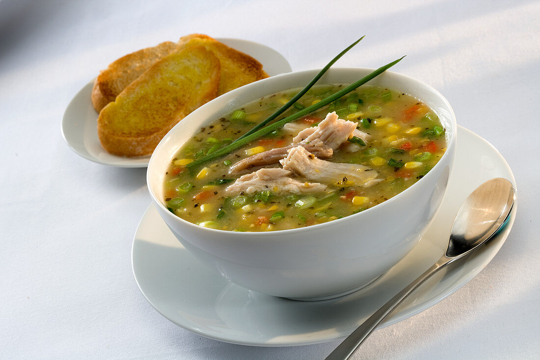 A bowl of Chicken and Vegetable Soup garnished with chives