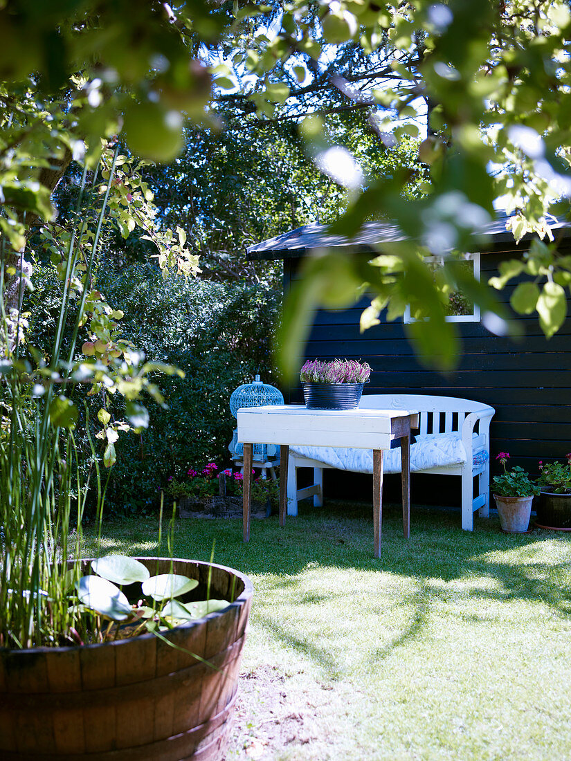 Seating area on lawn next to garden shed with mini pond in wooden barrel