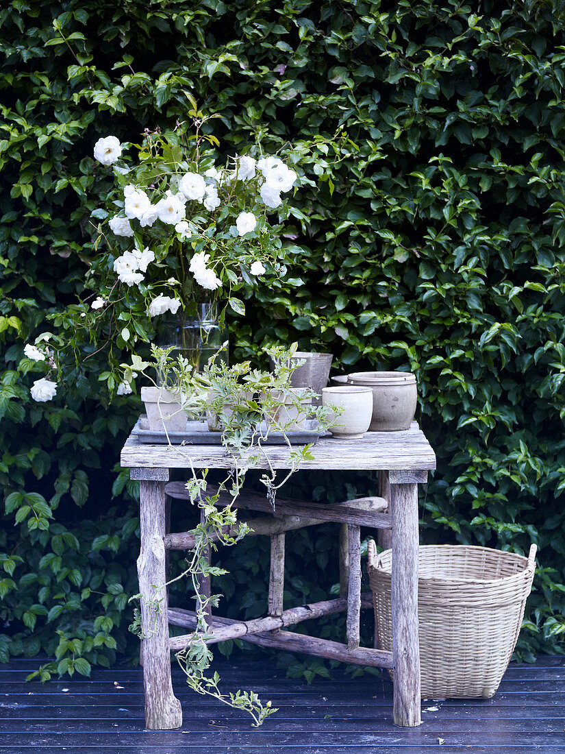 Vase of white roses on rustic garden table