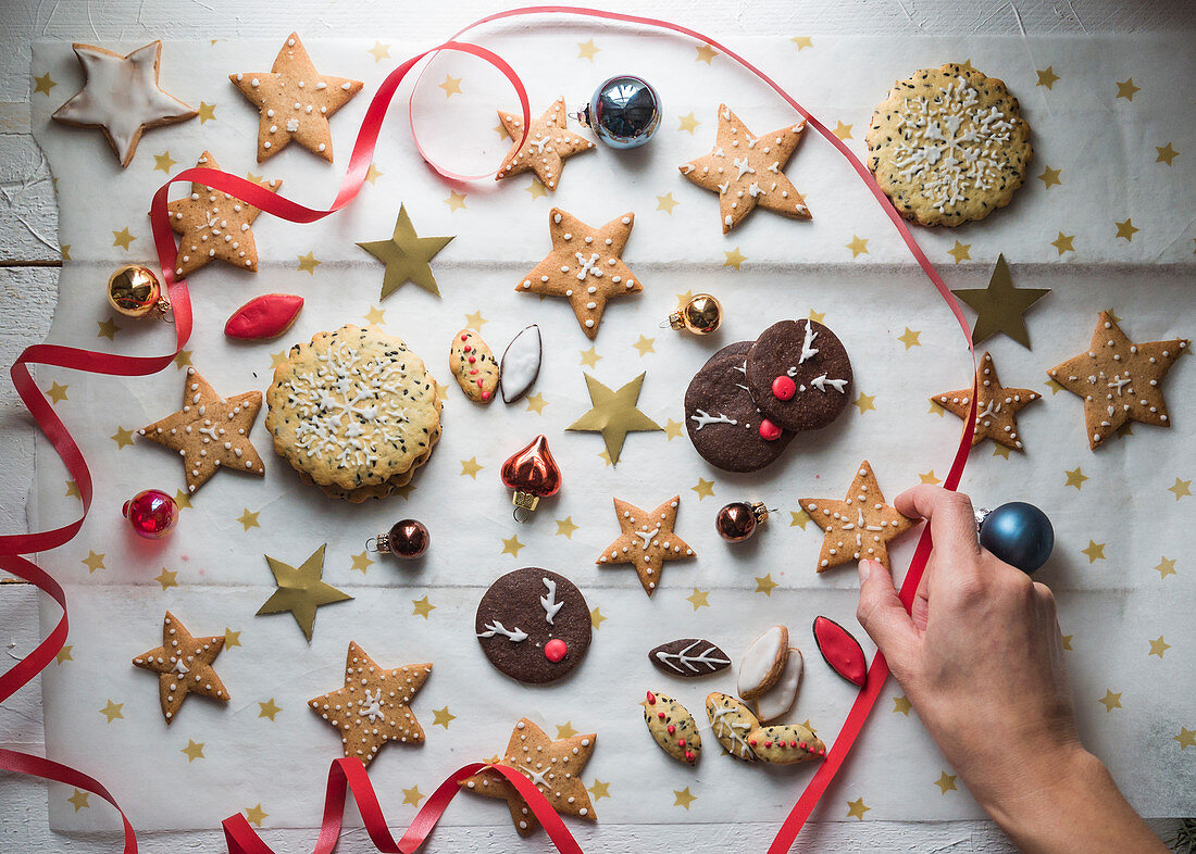 Various Christmas cookies with star decorations