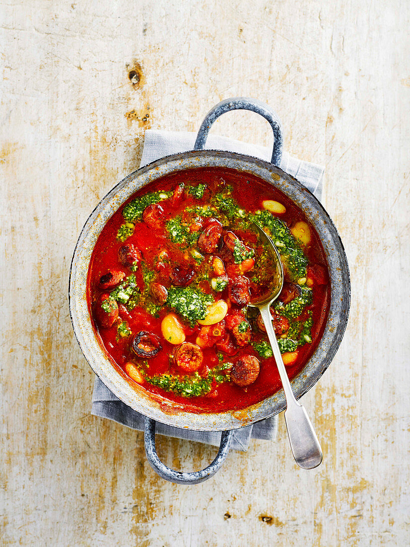 Butter bean and chorizo stew with pesto