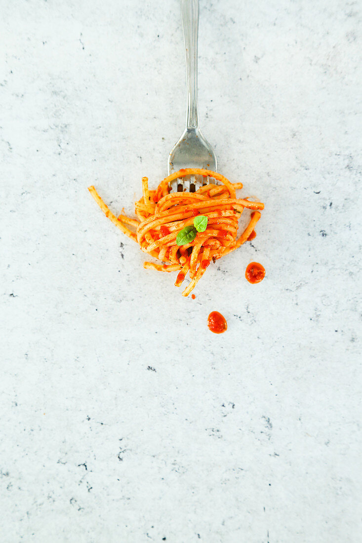 Spaghetti mit Tomatensauce und Basilikum auf Gabel