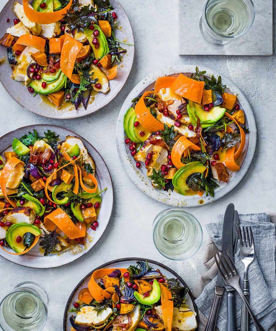 Miso kale, pomegranate and chicken salad