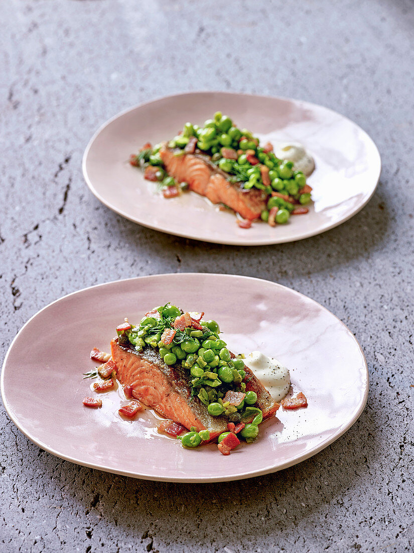 Grilled sea trout with raw pea salsa