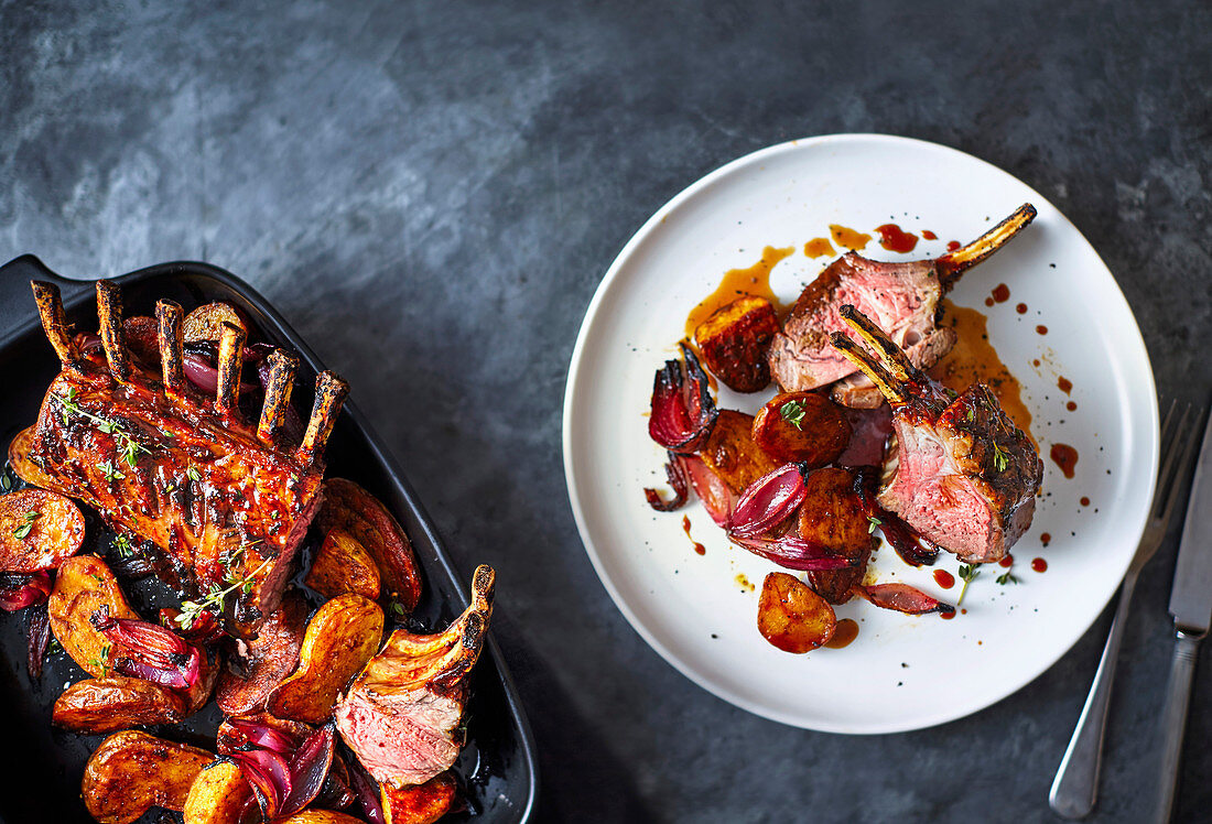 One-pan glazed rack of lamb with spiced red onions & potatoes