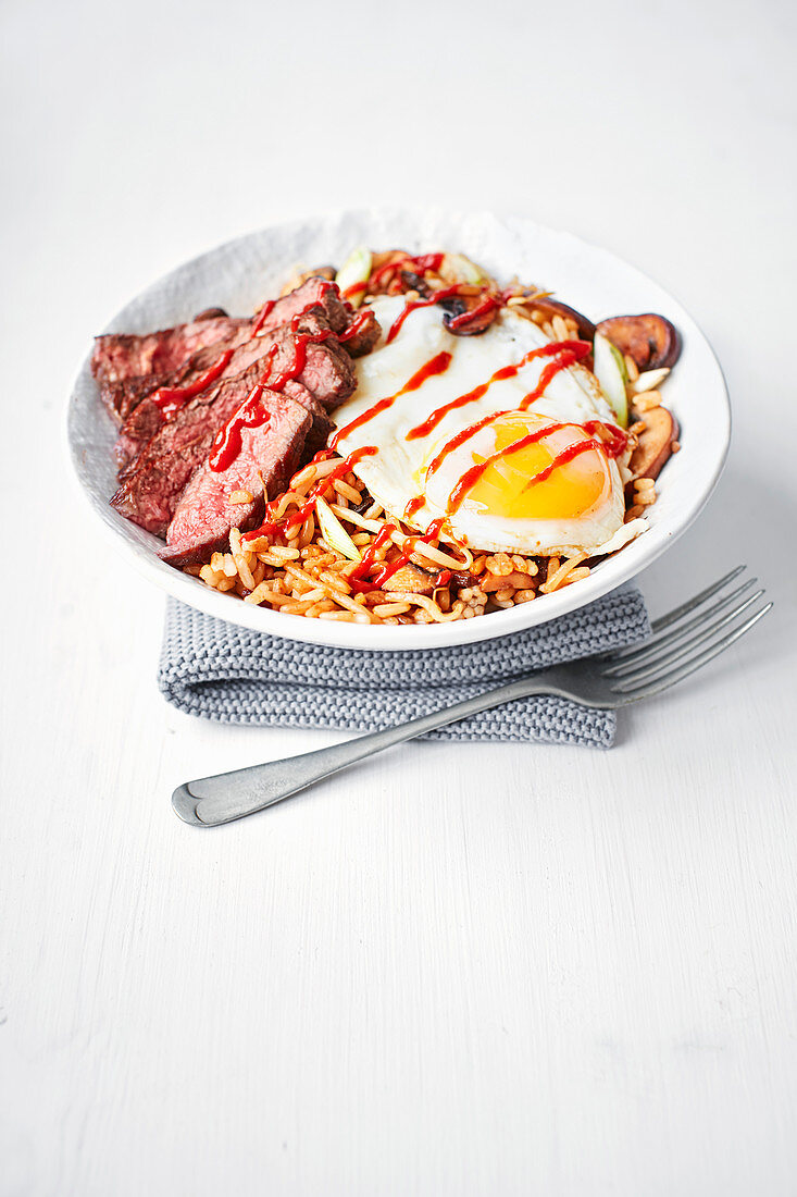 Korean-style fried rice with rump steak