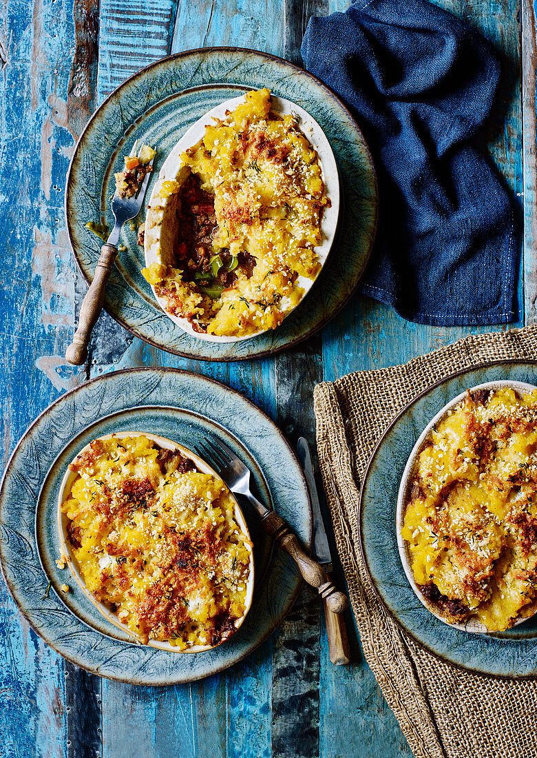 Cumberland pies made with beef, leek and and a turnip topping (England)