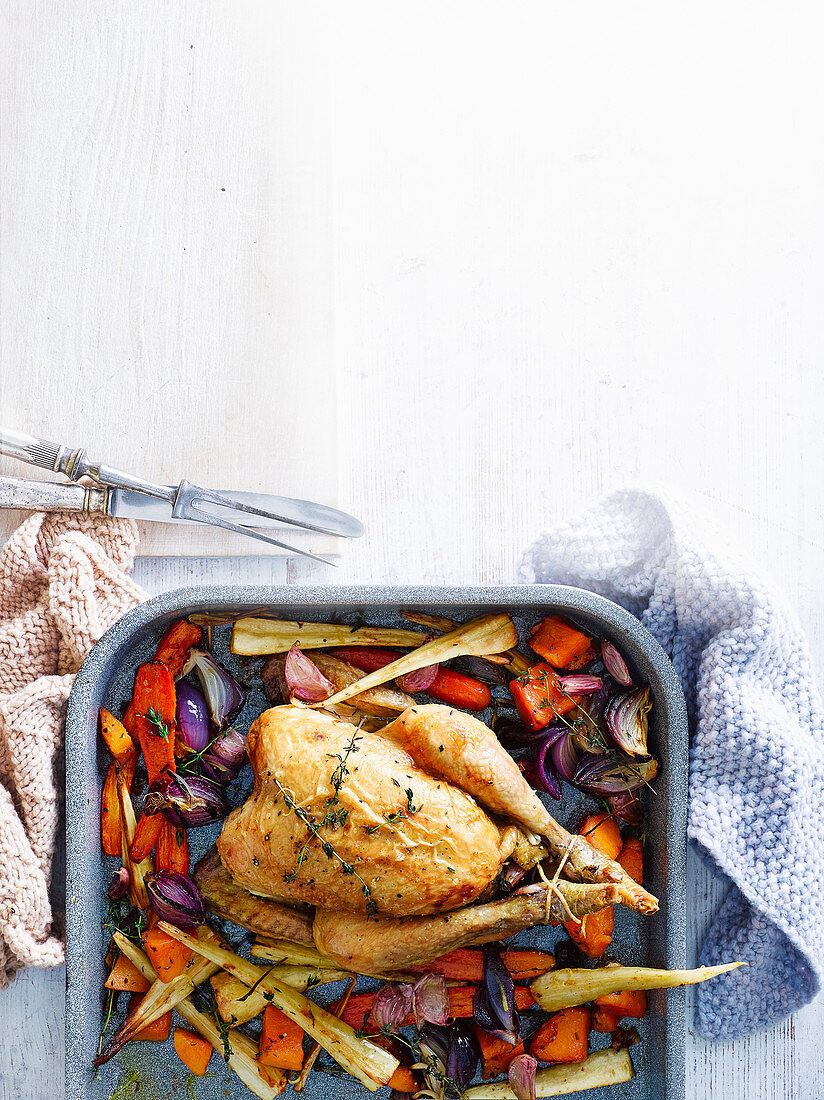 Roast chicken and roots